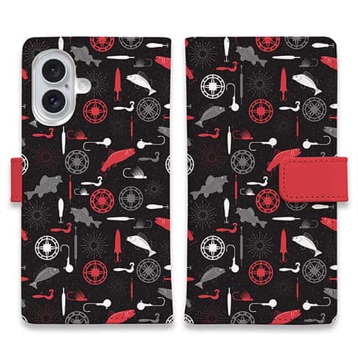 【手帳型】リールと魚とジグヘッドとワーム　シームレスパターン