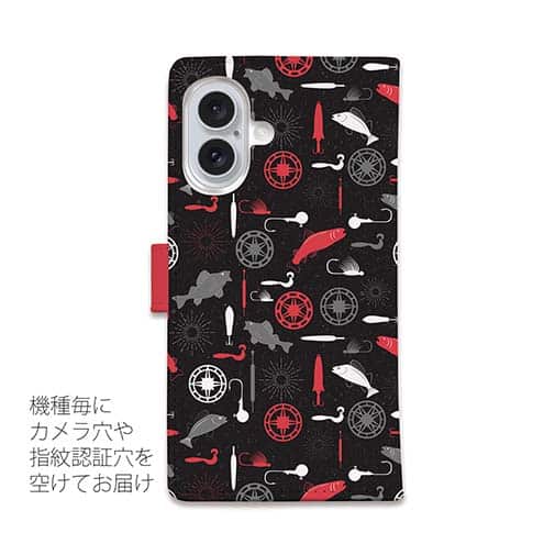 【手帳型】リールと魚とジグヘッドとワーム　シームレスパターン