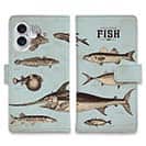 【手帳型】ビンテージな魚図鑑　ブルー