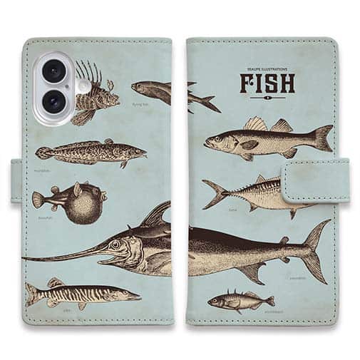 【手帳型】ビンテージな魚図鑑　ブルー