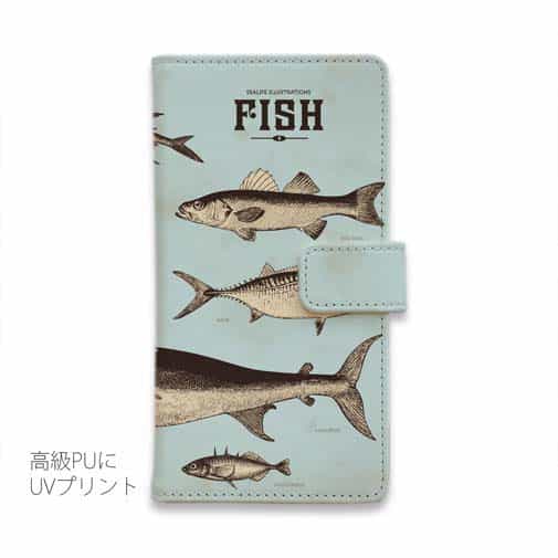 【手帳型】ビンテージな魚図鑑　ブルー