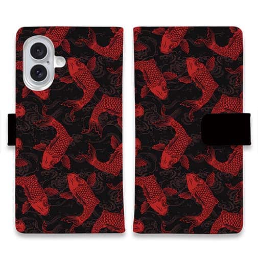 【手帳型】ブラック&レッド　錦鯉のシームレス　和風柄