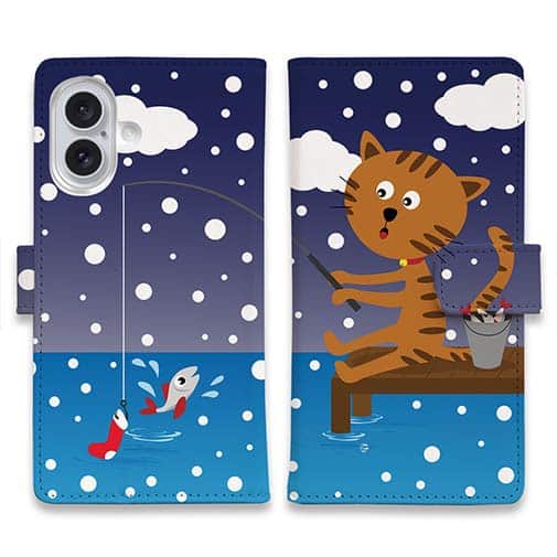 【手帳型】猫と釣り 本日は雪なり