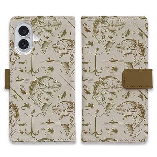 【手帳型】ビンテージ　フライフィッシング　シームレスパターン