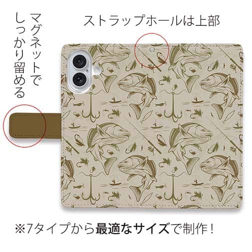 【手帳型】ビンテージ　フライフィッシング　シームレスパターン