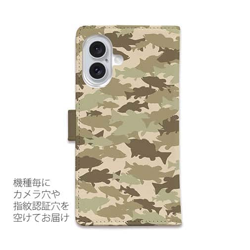 【手帳型】ブラックバス　迷彩大柄　ベージュカラー