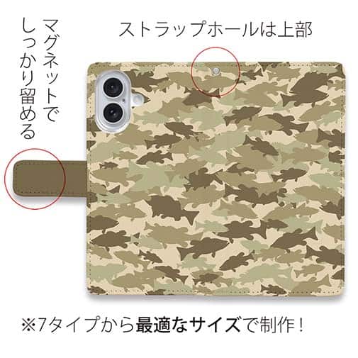 【手帳型】ブラックバス　迷彩大柄　ベージュカラー