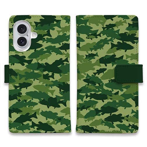 【手帳型】ブラックバス　迷彩大柄　フォレストグリーン