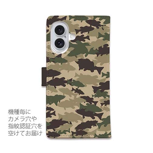 【手帳型】ブラックバス　迷彩大柄　ブラウンカラー