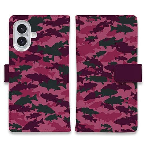 【手帳型】ブラックバス　迷彩大柄　レッドカラー