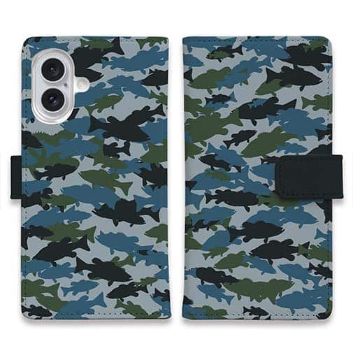 【手帳型】ブラックバス　迷彩大柄　ブルー