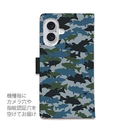 【手帳型】ブラックバス　迷彩大柄　ブルー