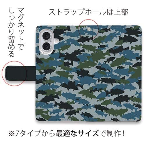 【手帳型】ブラックバス　迷彩大柄　ブルー