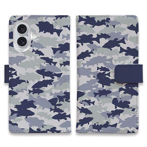 【手帳型】ブラックバス　迷彩大柄　ライトブルー