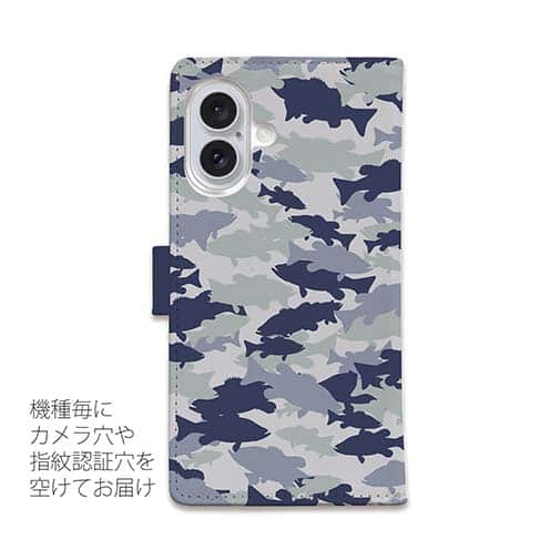 【手帳型】ブラックバス　迷彩大柄　ライトブルー