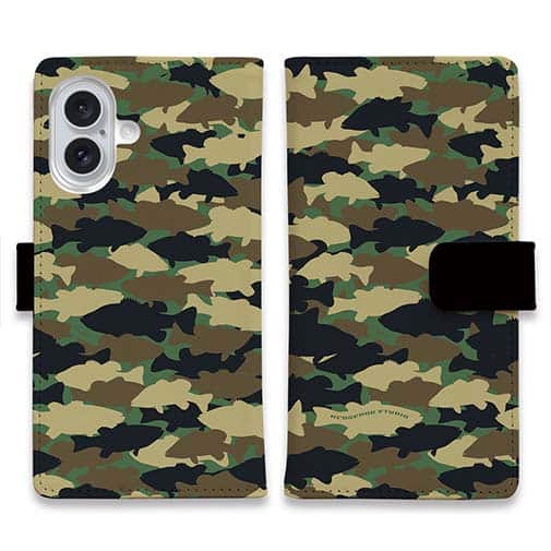 【手帳型】HEDGEHOG STUDIO　迷彩柄　ブラックバス　ウッドランド