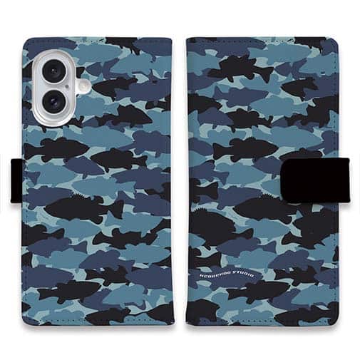 【手帳型】HEDGEHOG STUDIO　迷彩柄　ブラックバス　ナチュラルプロブルー