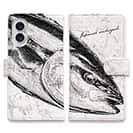 【手帳型】鰤(ブリ)　墨絵風　白