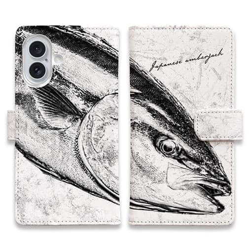 【手帳型】鰤(ブリ)　墨絵風　白