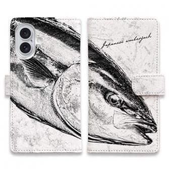 【手帳型】鰤(ブリ)　墨絵風　白