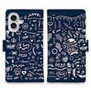 【手帳型】ビンテージなイラスト　ブルー