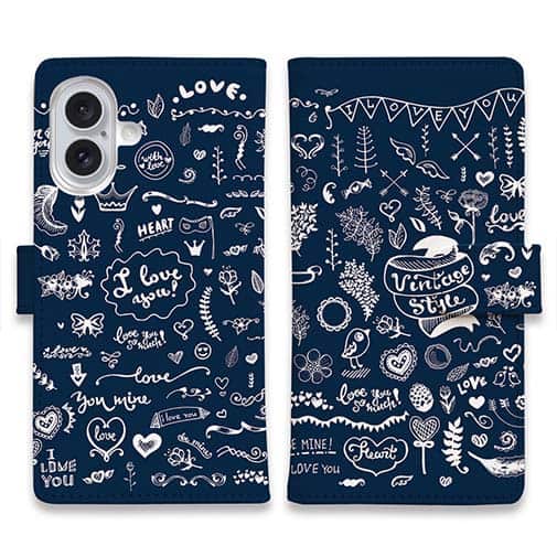 【手帳型】ビンテージなイラスト　ブルー