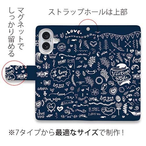 【手帳型】ビンテージなイラスト　ブルー