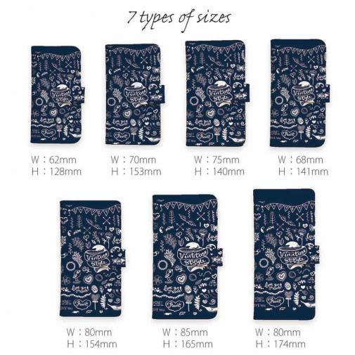 【手帳型】ビンテージなイラスト　ブルー