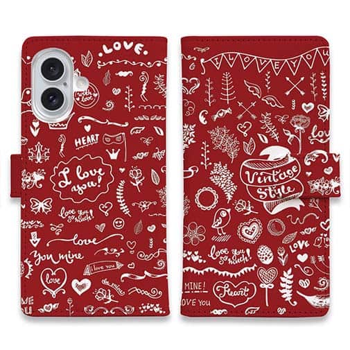 【手帳型】ビンテージなイラスト　レッド