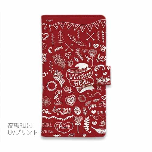 【手帳型】ビンテージなイラスト　レッド