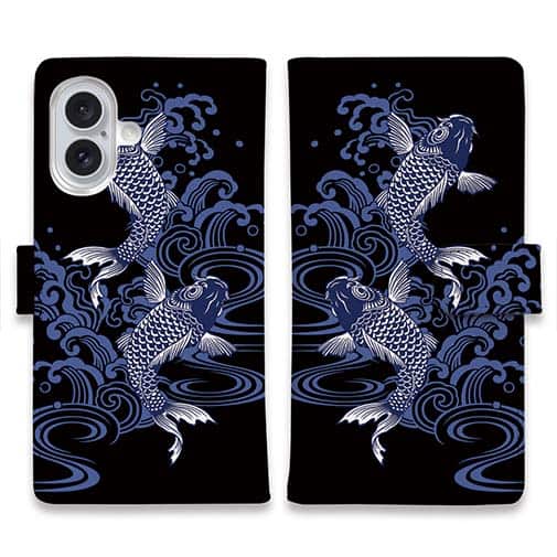 【手帳型】タトゥー風昇り鯉　ブルー&ブラック