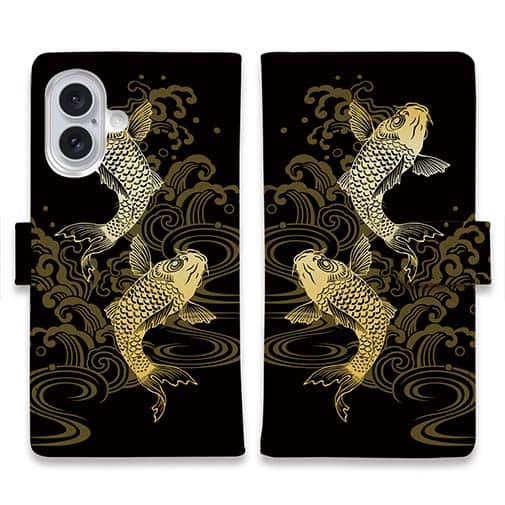 【手帳型】タトゥー風昇り鯉　ゴールド&ブラック