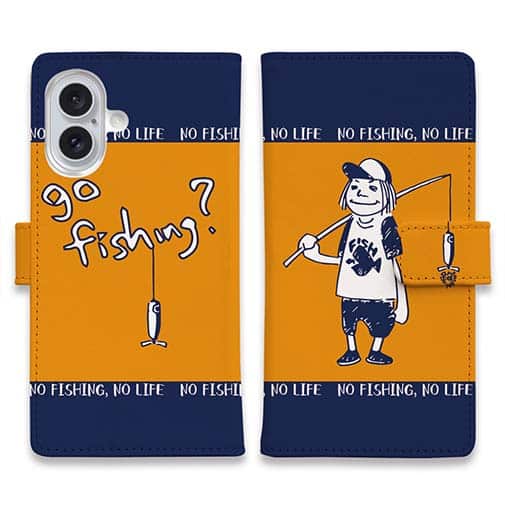 【手帳型】【釣りざんまい】釣りに行く? オレンジ×ネイビー