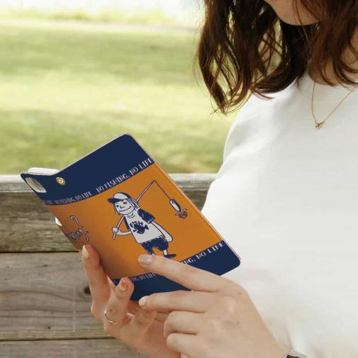 【手帳型】【釣りざんまい】釣りに行く?　オレンジ×ネイビー