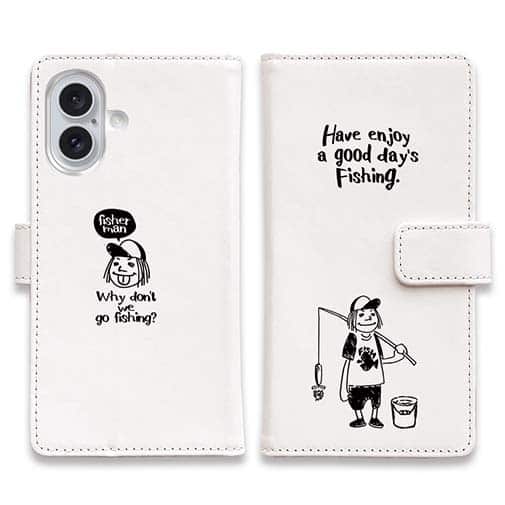 【手帳型】【釣りざんまい】 一日釣りを楽しむアングラー_ホワイト