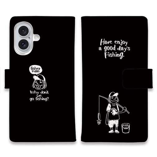 【手帳型】【釣りざんまい】 一日釣りを楽しむアングラー_ブラック