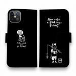 【手帳型】【釣りざんまい】 一日釣りを楽しむアングラー_ブラック