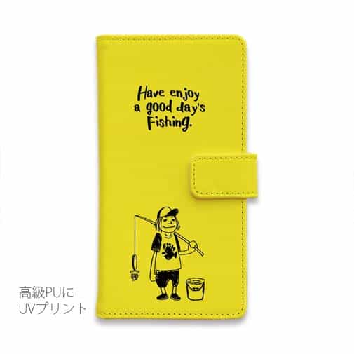 【手帳型】【釣りざんまい】 一日釣りを楽しむアングラー_イエロー