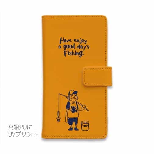 【手帳型】【釣りざんまい】 一日釣りを楽しむアングラー_オレンジ