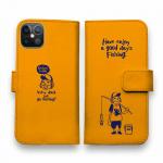 【手帳型】【釣りざんまい】 一日釣りを楽しむアングラー_オレンジ