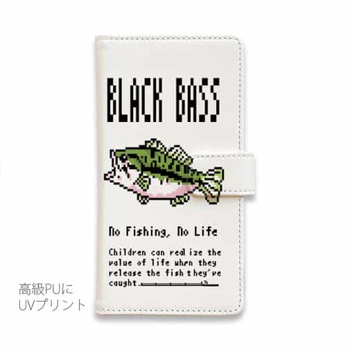 【手帳型】【釣りざんまい】ドット絵のブラックバス カラフルホワイト