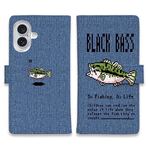 【手帳型】【釣りざんまい】ドット絵のブラックバス_カラフルデニム風