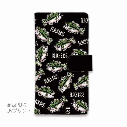 【手帳型】【釣りざんまい】ドット絵のブラックバスがいっぱい_カラフルブラック