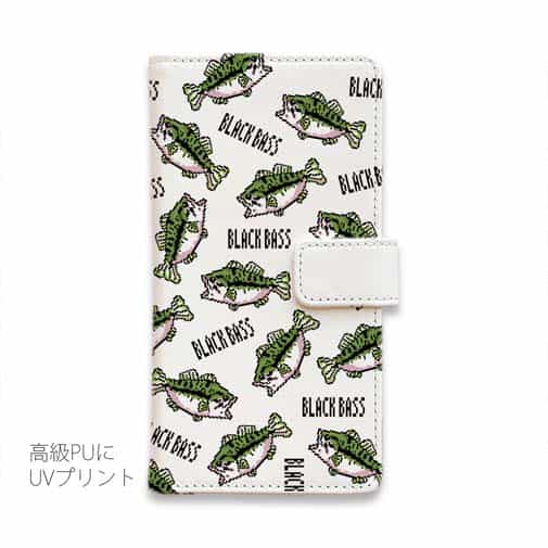 【手帳型】【釣りざんまい】ドット絵のブラックバスがいっぱい_カラフルホワイト