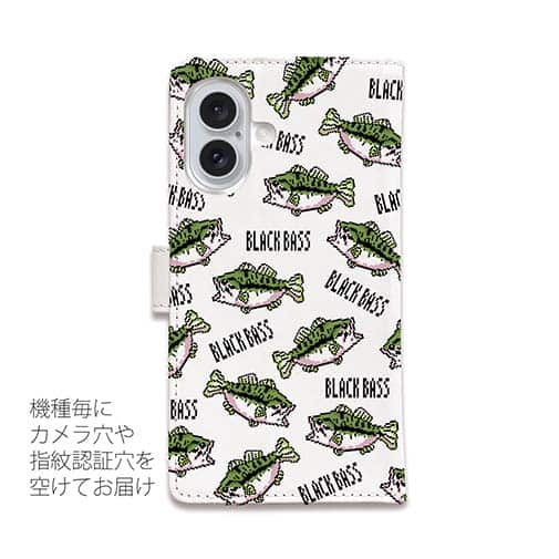 【手帳型】【釣りざんまい】ドット絵のブラックバスがいっぱい_カラフルホワイト