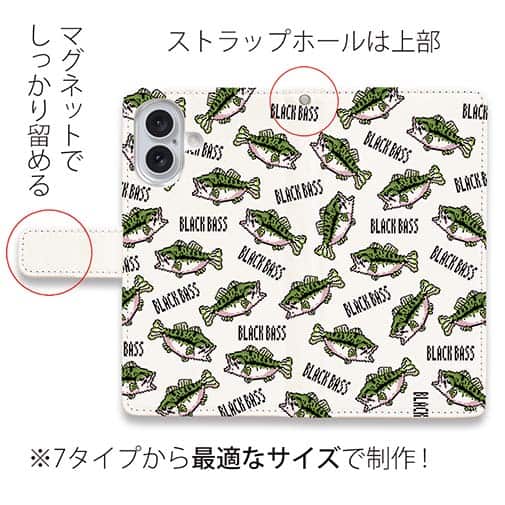 【手帳型】【釣りざんまい】ドット絵のブラックバスがいっぱい_カラフルホワイト