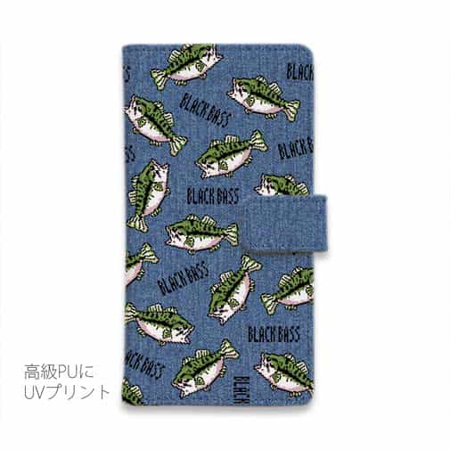 【手帳型】【釣りざんまい】ドット絵のブラックバスがいっぱい_カラフルデニム風