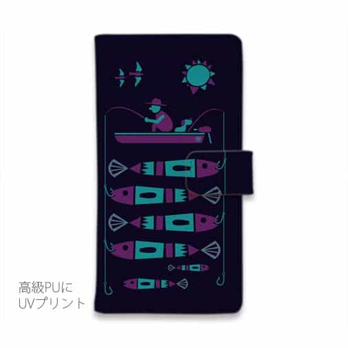 【手帳型】【釣りざんまい】愛犬と釣りを楽しむアングラー_カラフルダークネイビー