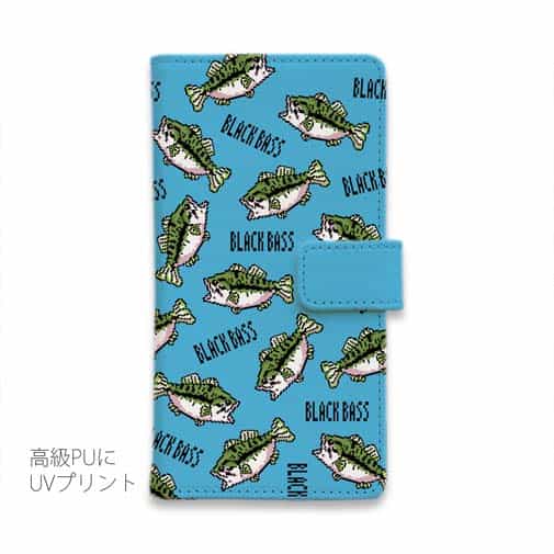 【手帳型】【釣りざんまい】ドット絵のブラックバスがいっぱい_カラフルスカイブルー