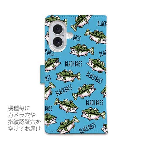 【手帳型】【釣りざんまい】ドット絵のブラックバスがいっぱい_カラフルスカイブルー
